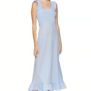 GANNI SSENSE Exclusive Blue and White Seersucker Check Long Dress